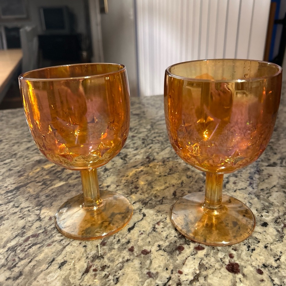 Vintage Marigold Carnival Glass Iridescent Goblet 4 Pointed Star